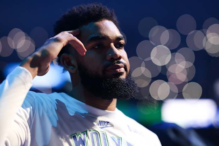 Mar 3, 2024; Minneapolis, Minnesota, USA; Minnesota Timberwolves center Karl-Anthony Towns (32) is introduced prior to the game against the LA Clippers at Target Center.